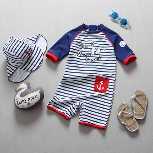 [당일발송] 아기 유아 네이비 바디슈트 수영복+수영모 세트