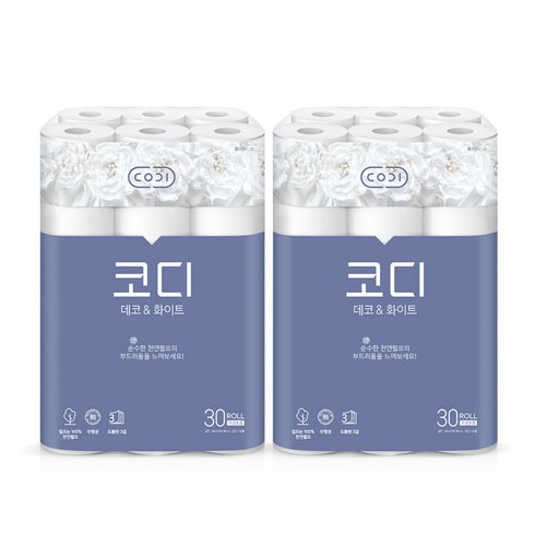 [코디] 데코앤화이트 화장지 30Mx30롤 2팩(천연펄프/무형광/무료배송), 단일속성, 2개