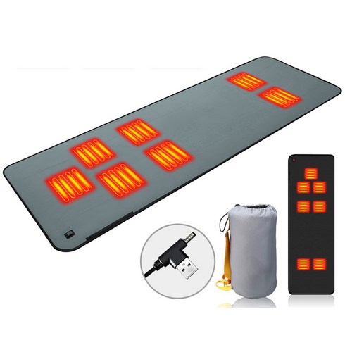 KLIFE 7구역 USB 발열매트 차박 캠핑 침대 거실 온열매트 3단 온도조절 휴대용 수납 파우치 포함, 그레이