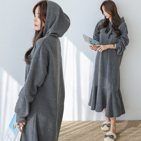 2023년 가성비 최고 기모후드원피스 - 하이데일리 포튼 프릴 기모 후드 롱원피스