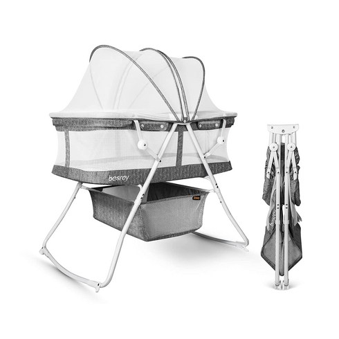 유아용 besrey Bassinet 3 in 1 휴대용 아기 요람 흔들 크래들 침대 쉽게 접을 수 있는 옆 신생아를 위한 퀵 폴드 최대 33lb 소형 수납 공간 매트리스 및 그물, 기본