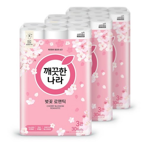 깨끗한나라 3겹 데코 벚꽃 프리미엄 화장지 27m 30롤 3팩, [단일상품], 30개
