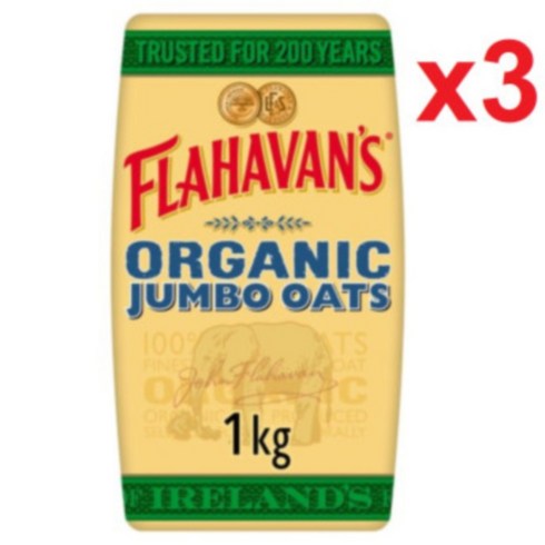 [영국발송] 3팩 플라하반 아이리쉬 오가닉 점보 오트밀 1kg Flahavan's Irish Organic Jumbo Oats, 3개