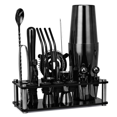 sgs 코블러 쉐이커 - 스테인리스 칵테일보스톤쉐이커 세트750ml+550ml 홈바용품 11종세트 바텐더도구 JL.TJQTZ11JT, 검정색
