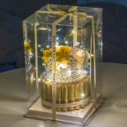 2024년 가성비 최고 아버님생신선물 - 금장미 용돈박스 돈케이크 + 케이스 + 쇼핑백, 옐로우