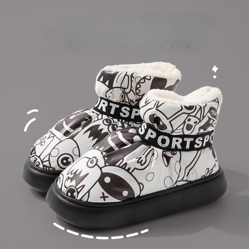 스노 부츠 여성 겨울 카툰 그림 매직테이프 방지 방한 면화 신발 미들 부츠 빵신발