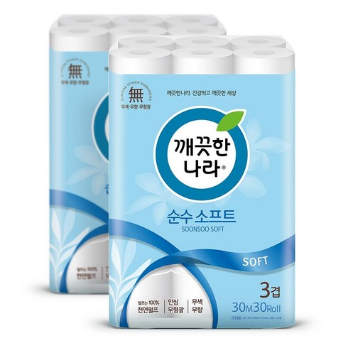 깨끗한나라 3겹 순수 소프트 화장지 30m, 30개입, 2개