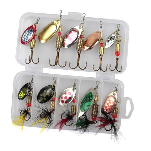 10 조각 낚시 미끼 Spinnerbait 하드 메탈 미끼 배스 연어 송어 Walleye 파이크에 대한 상자 낚시 미끼로 모듬, 스타일 A, 5.5cm-6.9cm, 금속