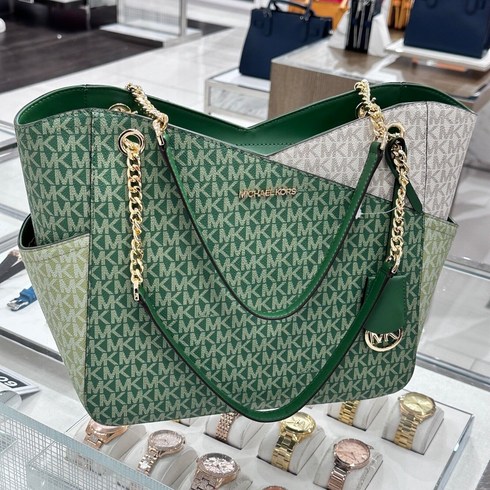 마이클코어스 토트백 Michael Kors 제트 세트 여행용 라지 체인 숄더 토트 MK 로고 백 Fern Green