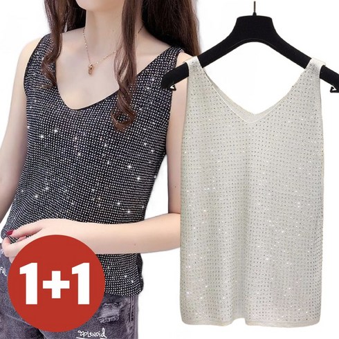 실버옷 - S-3XL 특가상품 1+1 빅사이즈 이쁜 나시 티셔츠 민소매 여성 봄 여름 스팽글 브이넥 아이스 루즈핏 편한 보송 스판 얇은 시원한 상의 티 캐주얼 패션 데일리 코디 상의