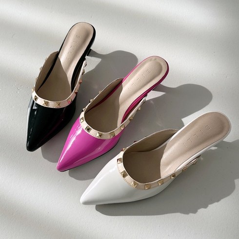 스터드 찡 천연가죽 스틸레토 뮬 4cm