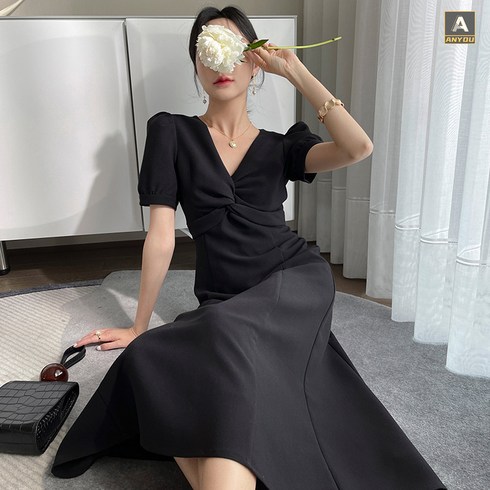 2023년 가성비 최고 여름롱원피스 - ANYOU 여름원피스 슬림해 보임 반팔원피스 퍼프소매 원피스 숙녀 필수 브이넥 롱원피스