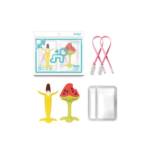앙쥬 베스트 치발기 2종 (선택) + 케이스 2p + 집게홀더 2p 세트, 초코바나나+3D수박