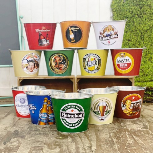 맥주바구니 양철통 하이네켄 코로나 철제양동이 바케스 철바스켓 스텐들통, 버드와이저 레드, 1개