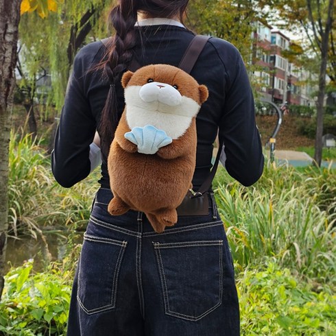 우소우소짱 수달 해달 인형 백팩 가방 27cm 동물 애착 인형 선물, 다크브라운