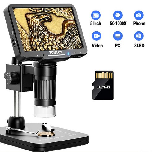 TOMLOV 5inch Digital Microscope LCD 전자 디지털 현미경 1000X 돋보기 비디오 현미경 용접 PCB 수리 전화 코인 현미경 32GB 카드, 1000