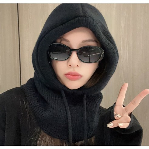 케이바바 남녀공용 끈조절 니트 바라클라바 후드모자, 블랙