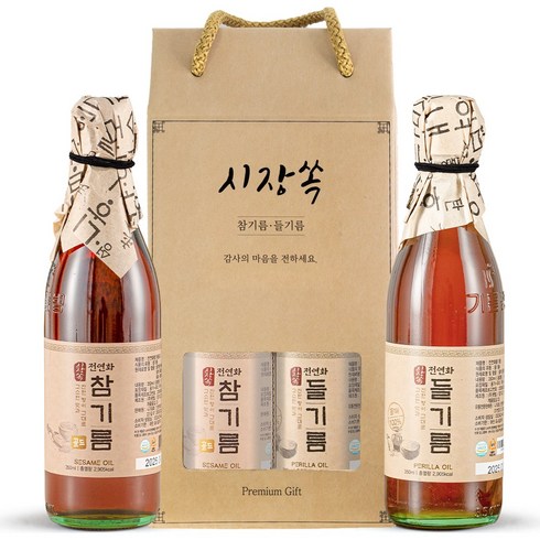 참기름세트 - 시장쏙 전연화 참기름 골드 350ml + 전연화 들기름 350ml 프리미엄 선물세트 1호, 1세트