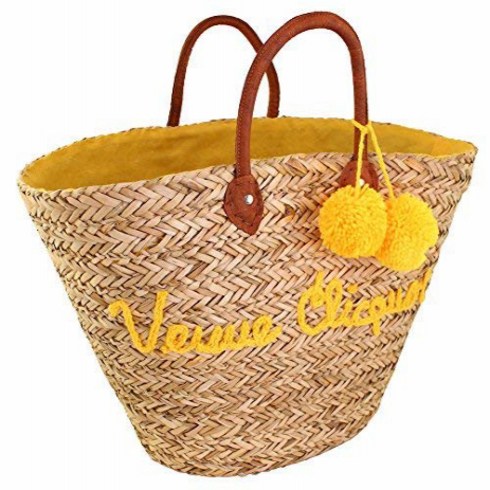 뵈브 클리코 쇼핑백 브라운 가죽 손잡이가 달린 씨그래스 자연 시장 바구니 Veuve Clicquot Shopping Bag Seagrass Nature Market Basket, 1개