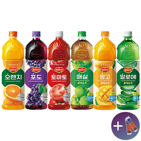 [한번에먹자] 델몬트 1.5L 오렌지+포도+망고+매실+알로에+토마토 1개씩 총6개입 1셋트 가정용 탕비실 사무실 과즙음료 쥬스 음료 골라담기+사은품 이디야 2T, 1세트
