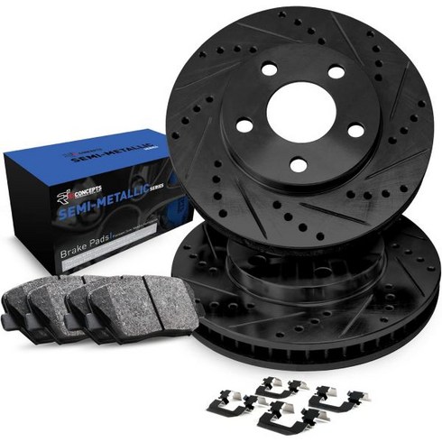 rematrix:tbswhi/rhss - R1 Concepts Front Brake Rotors Drilled and Slotted Black with Semi Metallic Pads and Hardware Kit Co