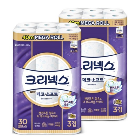 크리넥스 데코앤소프트 3겹 화장지 40m x 30롤 롤화장지 고급롤화장지(3겹이상), 2팩