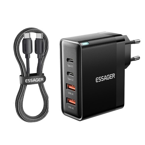 Essager GaN 100W PD충전 4포트 고속 충전기 + 100W C to C 고속충전 케이블 한국 플러그, 1세트, 블랙