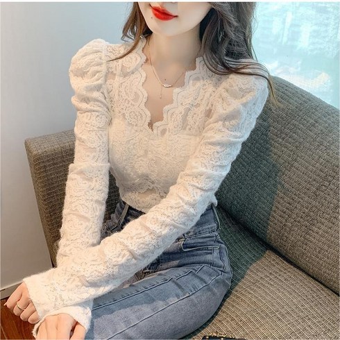 춘게엘 여성용 레이스 브이넥 퍼프 블라우스 S~XL QYH033