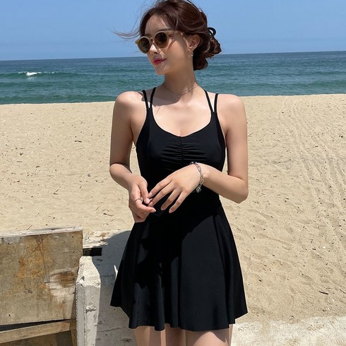 휴양지수영복 - 파카이 여성 체형커버 수영복치마 비치 원피스, 블랙