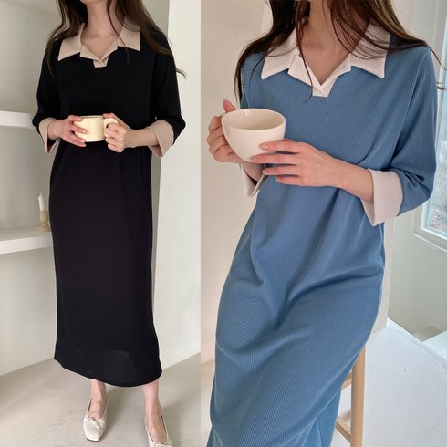 하이데일리 간절기 봄 가을 7부 시니 골지 카라 롱원피스