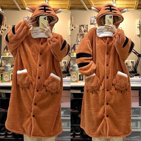 도톰한 코랄 캐릭터 큐티 타이거 잠옷 여 겨울 후드 홈웨어 잠옷 겨울