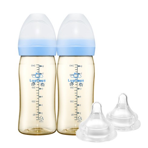 루피너스 PPSU젖병 240ml 트윈팩 2개입 +Double Hole젖꼭지 2개입, 스카이블루/2단계(S)