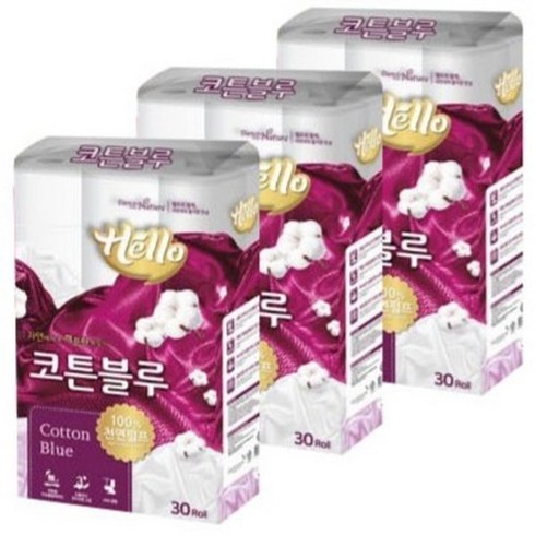 헬로 코튼블루 3겹 천연펄프 롤화장지 30롤X3팩