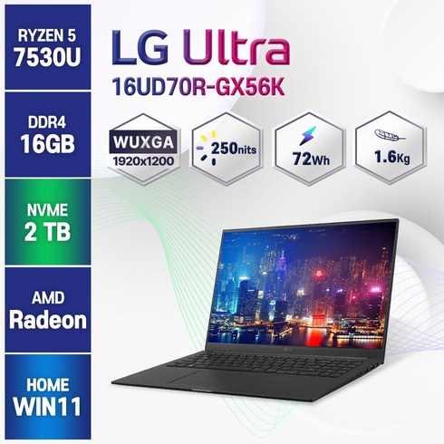 [무선마우스 증정] LG 16인치 울트라PC 엣지 AMD 라이젠 16UD70R-GX56K 노트북 PC, GX56K, WIN11 Home, 16GB, 2TB, 라이젠5, 차콜 그레이