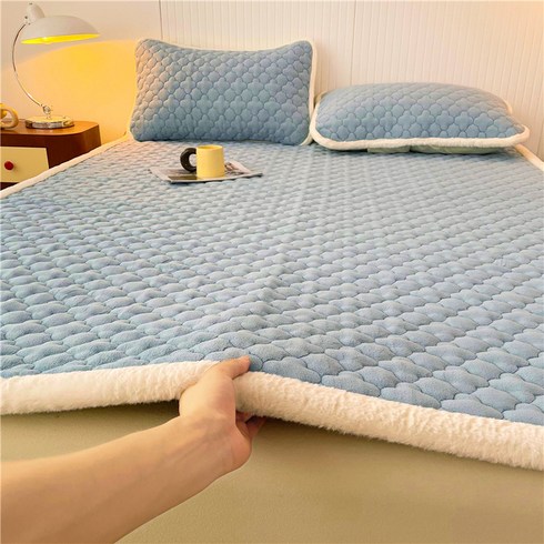 Roomxyd 겨울 따뜻한 극세사 침대 매트리스 매트 패드 침대커버 베개커버 세트, 블루