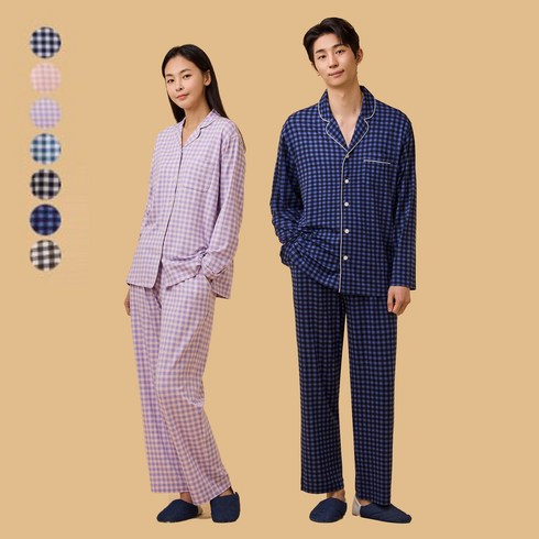 [JAJU/자주] 남/여 보드라운 피치스킨 체크 10부 파자마 세트 7종택1