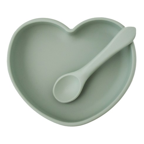 [움바움바] 아기 유아 실리콘 하트 흡착식판 접시 그릇 식기, 세이지 그린, 1세트