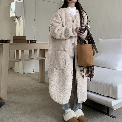 2023년 가성비 최고 노카라코트 - 재킷 정장 하객룩 결혼식룩 가을 겨울 데이트 데일리 노카라 버튼 루즈핏 양털 후리스 롱 코트