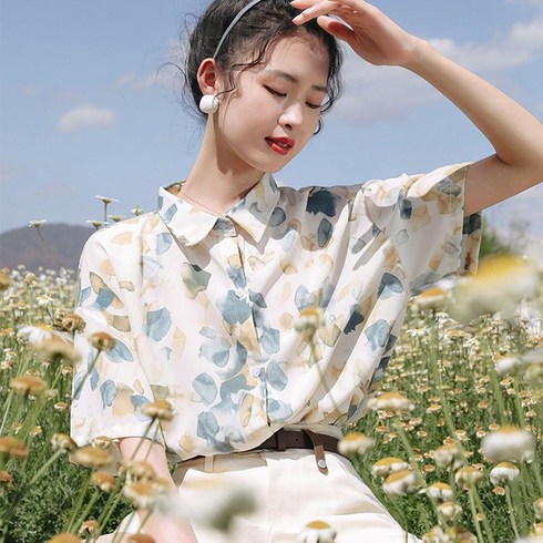 2023년 가성비 최고 블라우스 - ANYOU 여성 여름 링클프리 베이직 블라우스 반팔 꽃무늬 루즈핏 셔츠