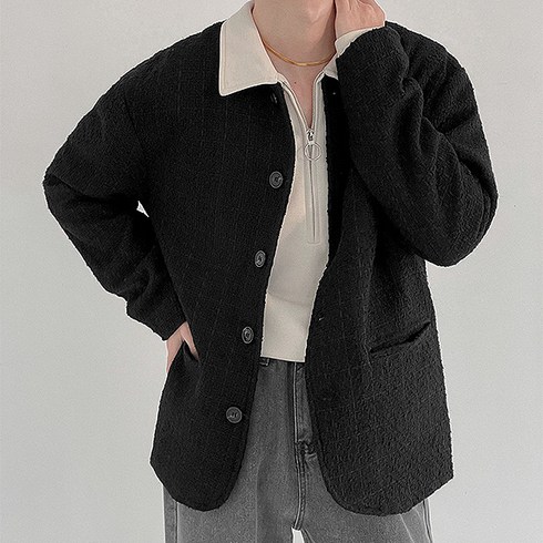 6032호 정품 - 블랙101 남성 블랙 오버핏 심플한 베이직 트위드 자켓 B239MF05689