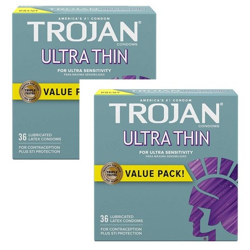 Trojan Ultra Thin Lubricated Condoms 트로잔 울트라 씬 콘돔 36개입 2팩, 36Ea