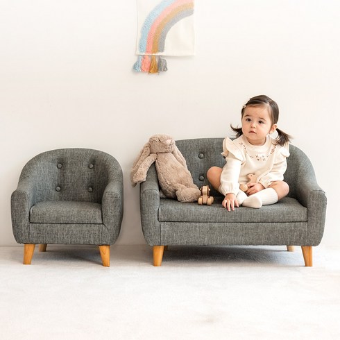 [높이조절+생활방수] 네이처 원목 유아 소파 아기 의자 선물 돌선물_옵션선택, 그레이 2인