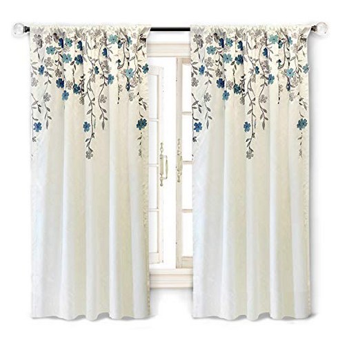 DriftAway Isabella Faux Silk Embroidered Window Curtain Embroidered Crafted Flower Lined with Therma, 1, Ivory/Blue