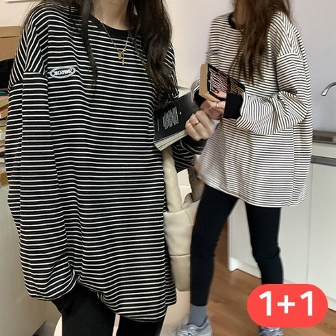 주디앤 여성 심플칙 스트라이프 면 티셔츠 루즈핏 오버핏 2개 리빙공감