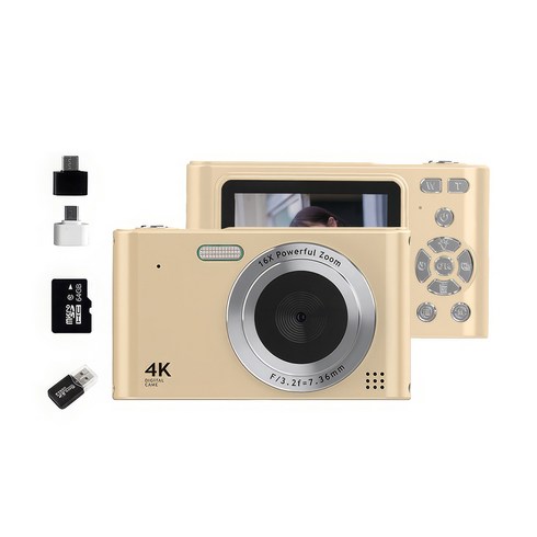 RUNHome 4800w 레트로 미니 디지털 카메라 여행용 인생+64G메모리카드+카드 리더기, 골드