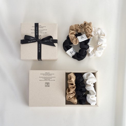 빌라드실크 Baby scrunchie 3set (화이트/베이지/블랙) 실크 스크런치