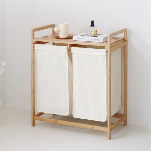 네이쳐리빙 뱀부 대나무 슬라이딩 2칸 빨래바구니, 혼합색상