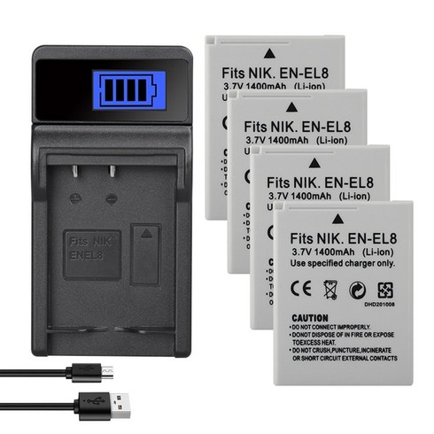 배터리 카메라용 밧데리 EN EL8 Nikon COOLPIX P1 P2 L1 L2 S1 S2 S3 S4 S5 S6 S7 S8 S9 1400mAh, 06 1Charger 4Battery, 06 1Charger 4Battery, 1개