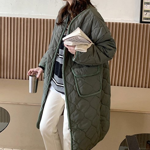 네모엔룩 여성용 롱웨이브퀼팅 (안감인조털) 패딩 자켓