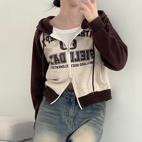 [y2k/투웨이/러블리힙] 트렌디 빈티지 감성 스트릿 힙 레터링 프린팅 아방핏 세미 크롭 후드 집업 4color]필더나그랑후드집업